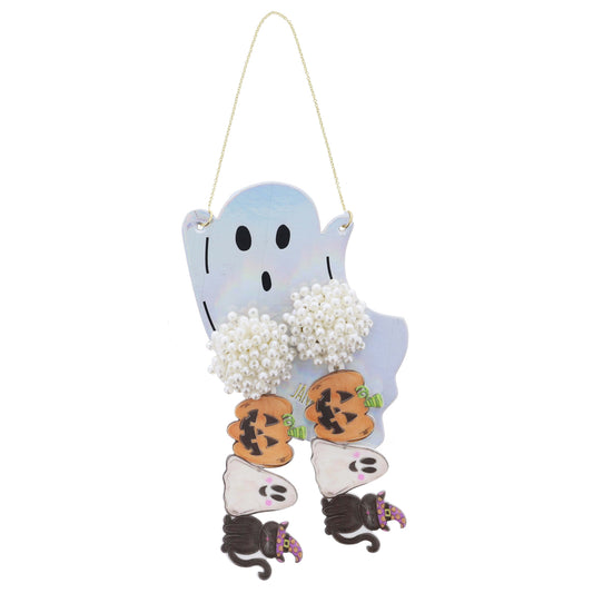 Pearl Pom Post & Jack-O-Lantern, Ghost, Cat, with Purple Witch Hat Earrings, 3.25" Top to Bottom