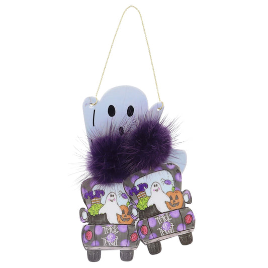 Fluffy Purple Pom Post & "Trick or Treat" Truck with Halloween Icons Earrings, 3.25" Top to Bottom