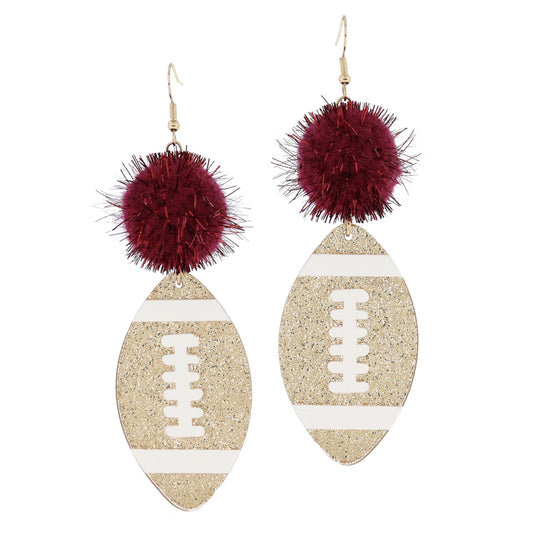 Maroon Tinsel Pom and Golden Glitter Acrylic Football Earrings, 3.5" Top to Bottom