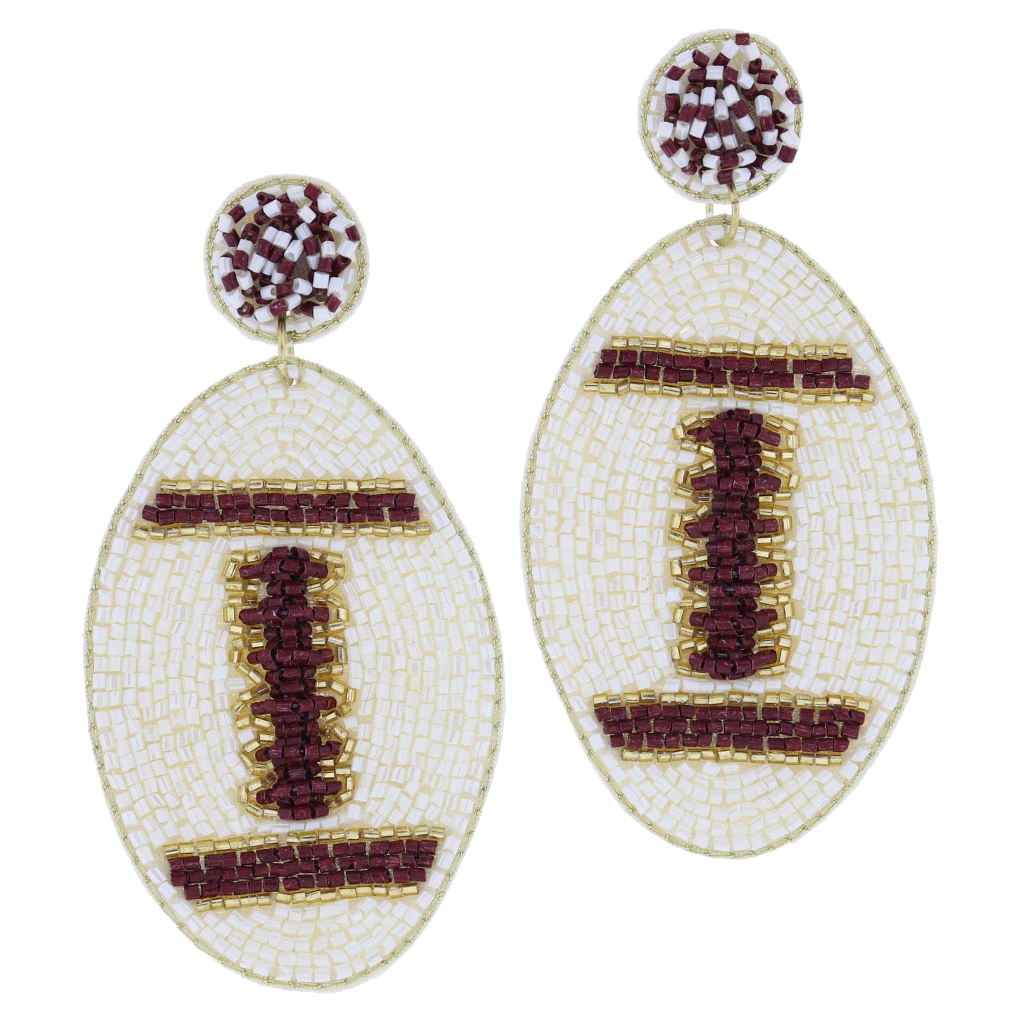 Maroon and Ivory Beaded Post with Maroon, Ivory, Gold Beaded Football Earrings, 3.25" Top to Bottom