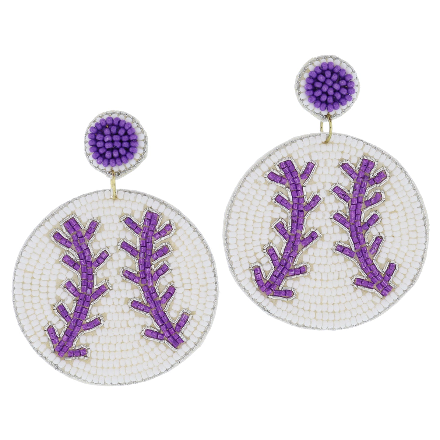 Purple Beaded Post with White and Purple Beaded Baseball Earrings