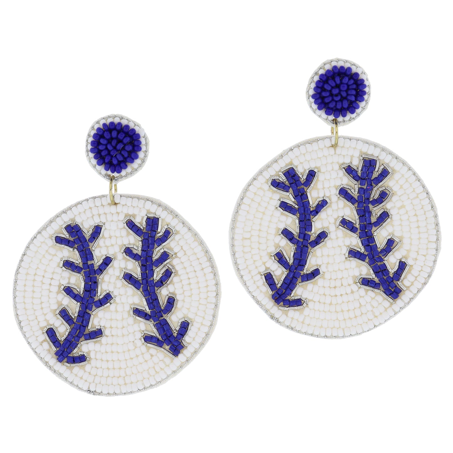 Royal Blue Beaded Post with White and Royal Blue Beaded Baseball Earrings, 2.75" Top to Bottom