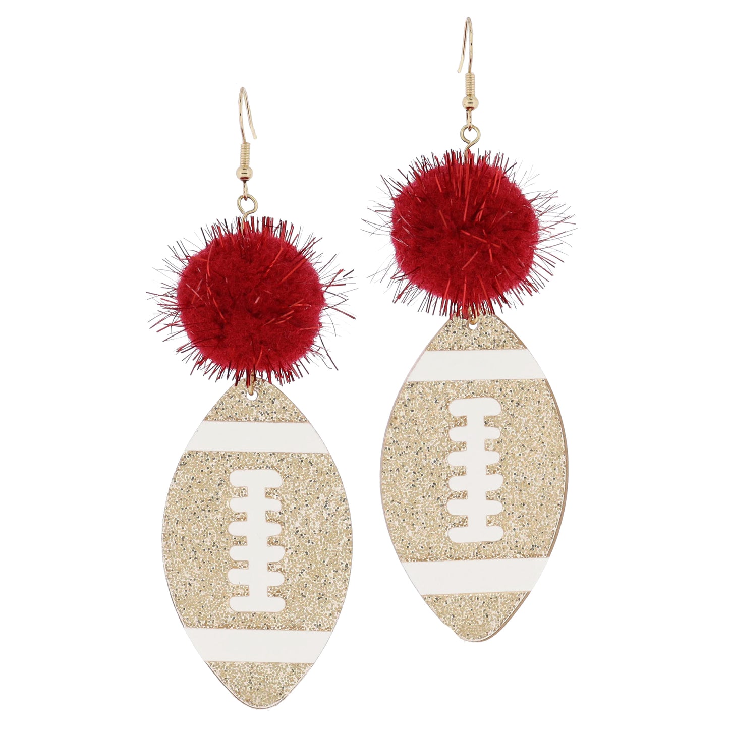Crimson Tinsel Pom and Golden Glitter Acrylic Football Earrings, 3.5" Top to Bottom