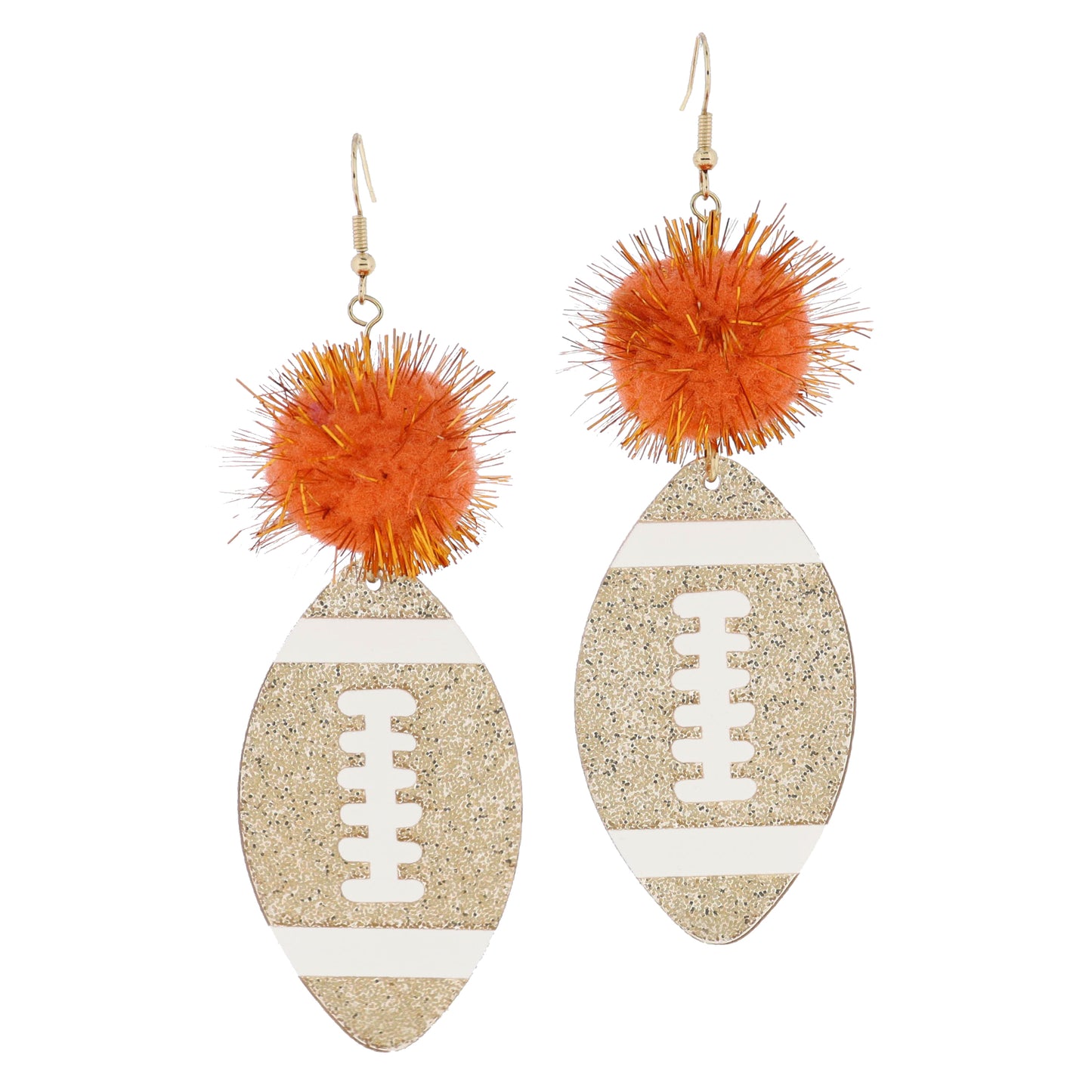 Orange Tinsel Pom and Golden Glitter Acrylic Football Earrings, 3.5" Top to Bottom