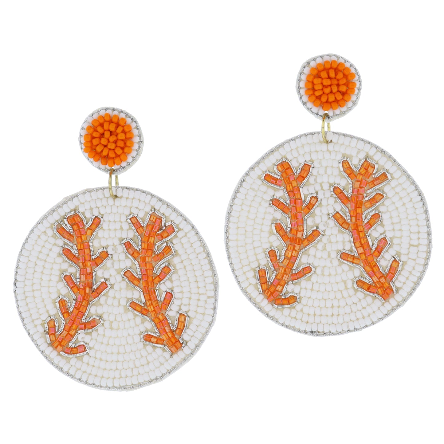 Orange Beaded Post with White and Orange Beaded Baseball Earrings, 2.75" Top to Bottom