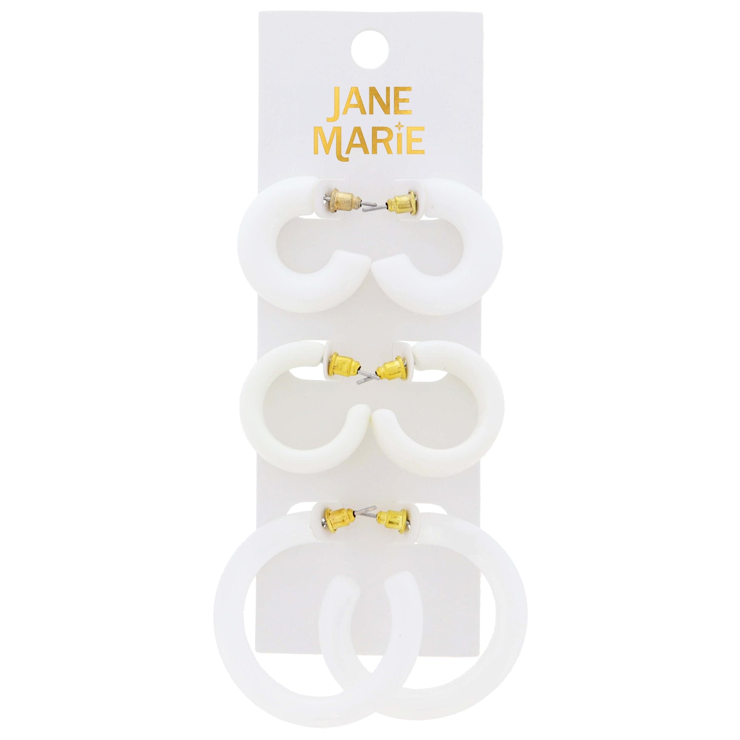 Set of 3, White Acrylic & Resin Hoops Earrings, 1", 1", 1.65" Top to Bottom Wide