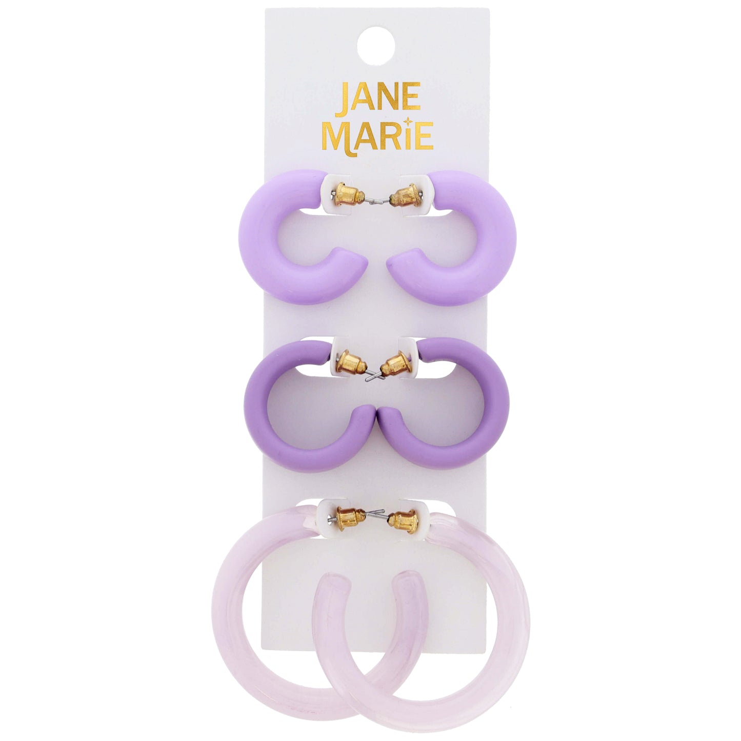 Set of 3, Lavender Acrylic & Resin Tubular Hoops Earrings, 1", 1", 1.65" Top to Bottom Wide