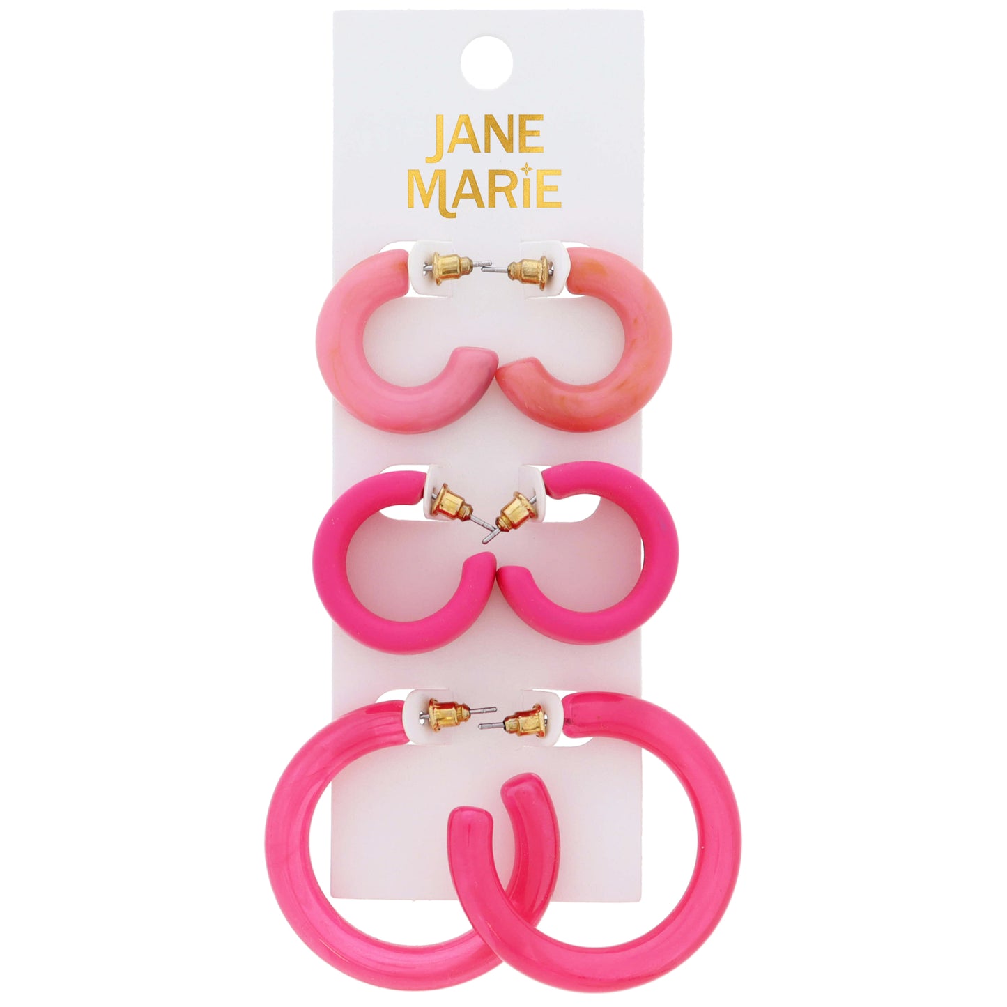 Set of 3, Pink Mix Resin Hoop Earrings, 1", 1", 1.65" Top to Bottom Wide