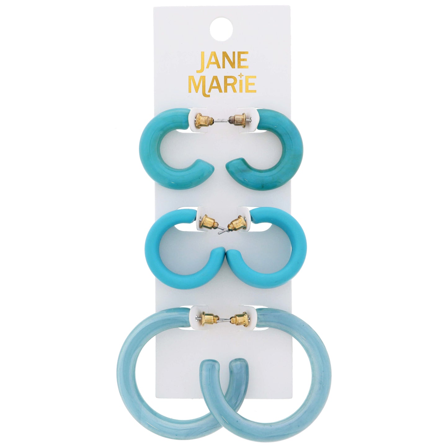 Set of 3, Teal Mix Resin Hoop Earrings, 1", 1", 1.65" Top to Bottom Wide