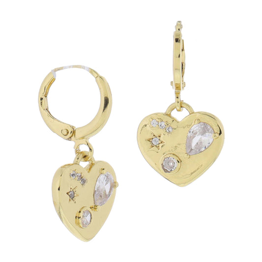 Golden Hugs! 18K Gold Plated Huggie & Heart with Multi Shaped Crystals Earrings