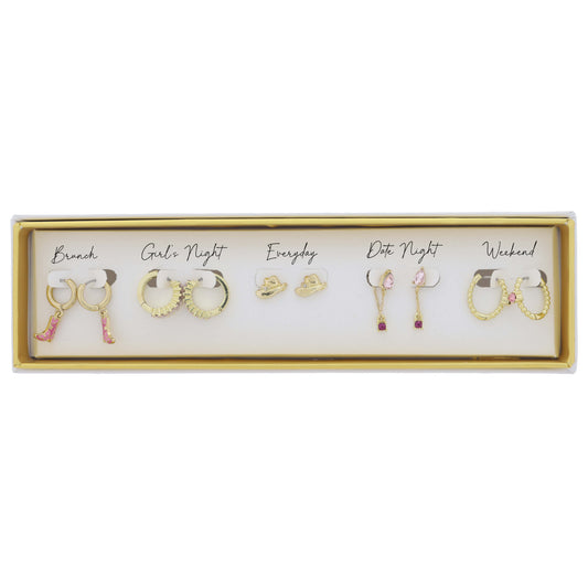 Set of 5, Huggie with Pink Boot, Pink Crystal Huggie, Hat, Pink Crystal & Chain, Huggie Earrings