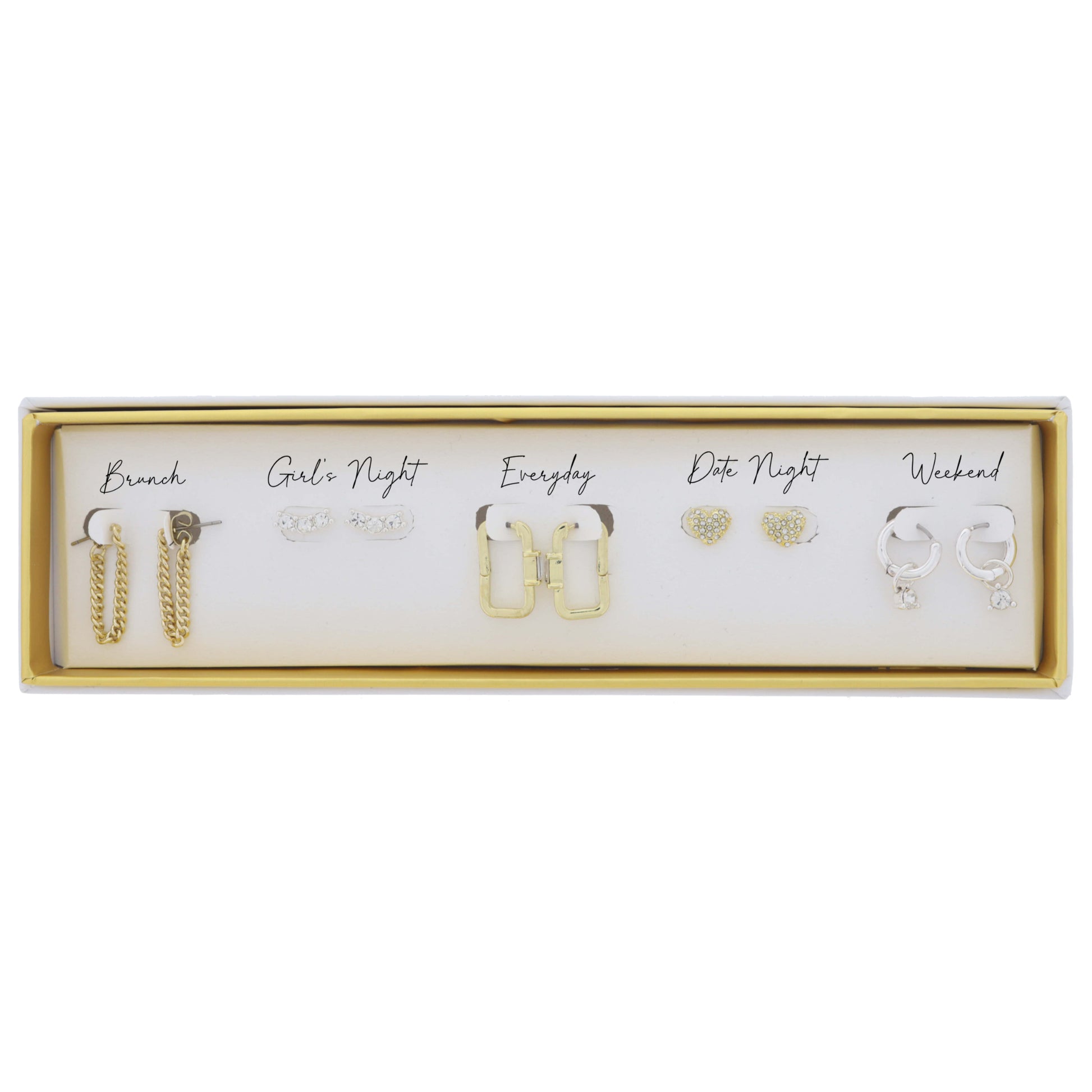 Set of 5, Wrap Curb Chain, Silver Crystal Bar, Paperclip Huggie, Heart, Silver Huggie Earrings