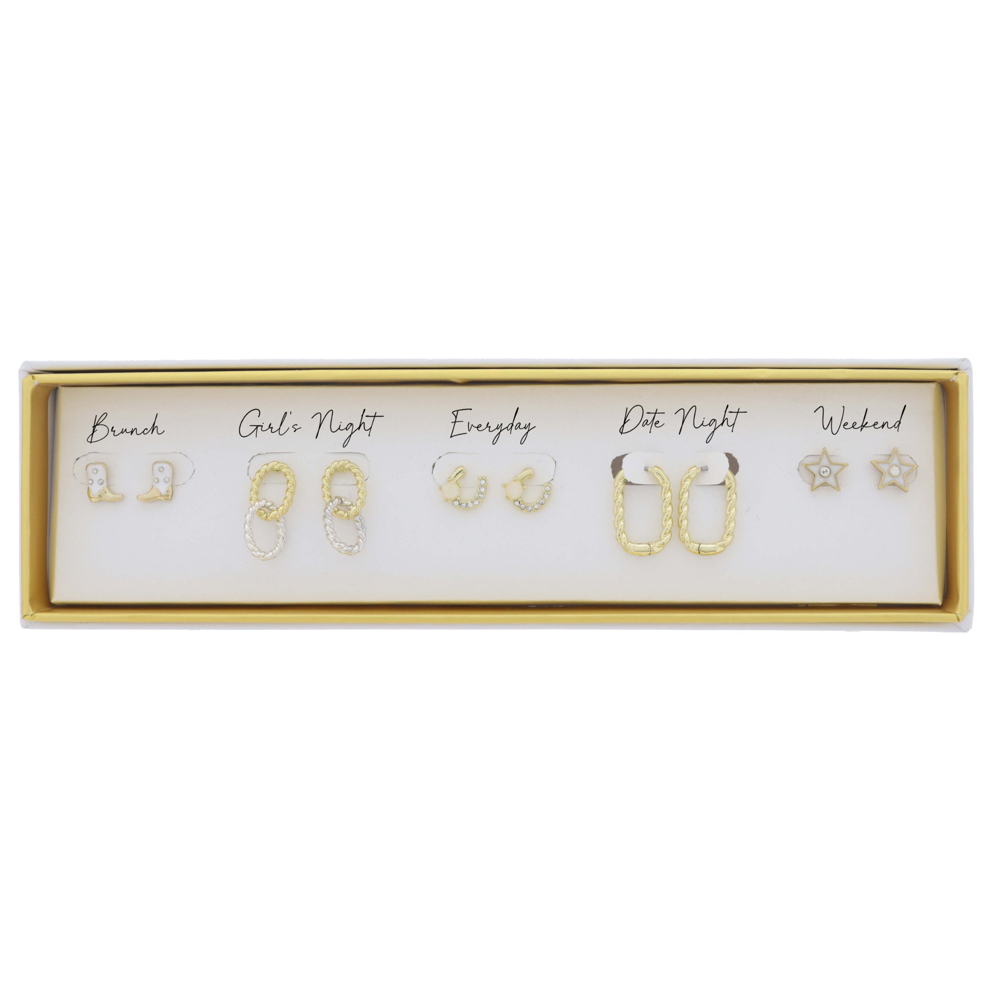 Set of 5, White Boot, Gold & Silver Twist Ovals, Horseshoe, Twist Oval Huggie, Star Earrings