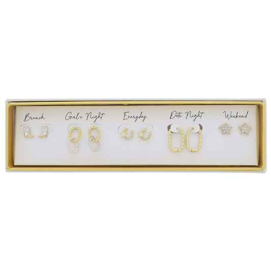 Set of 5, White Boot, Gold & Silver Twist Ovals, Horseshoe, Twist Oval Huggie, Star Earrings