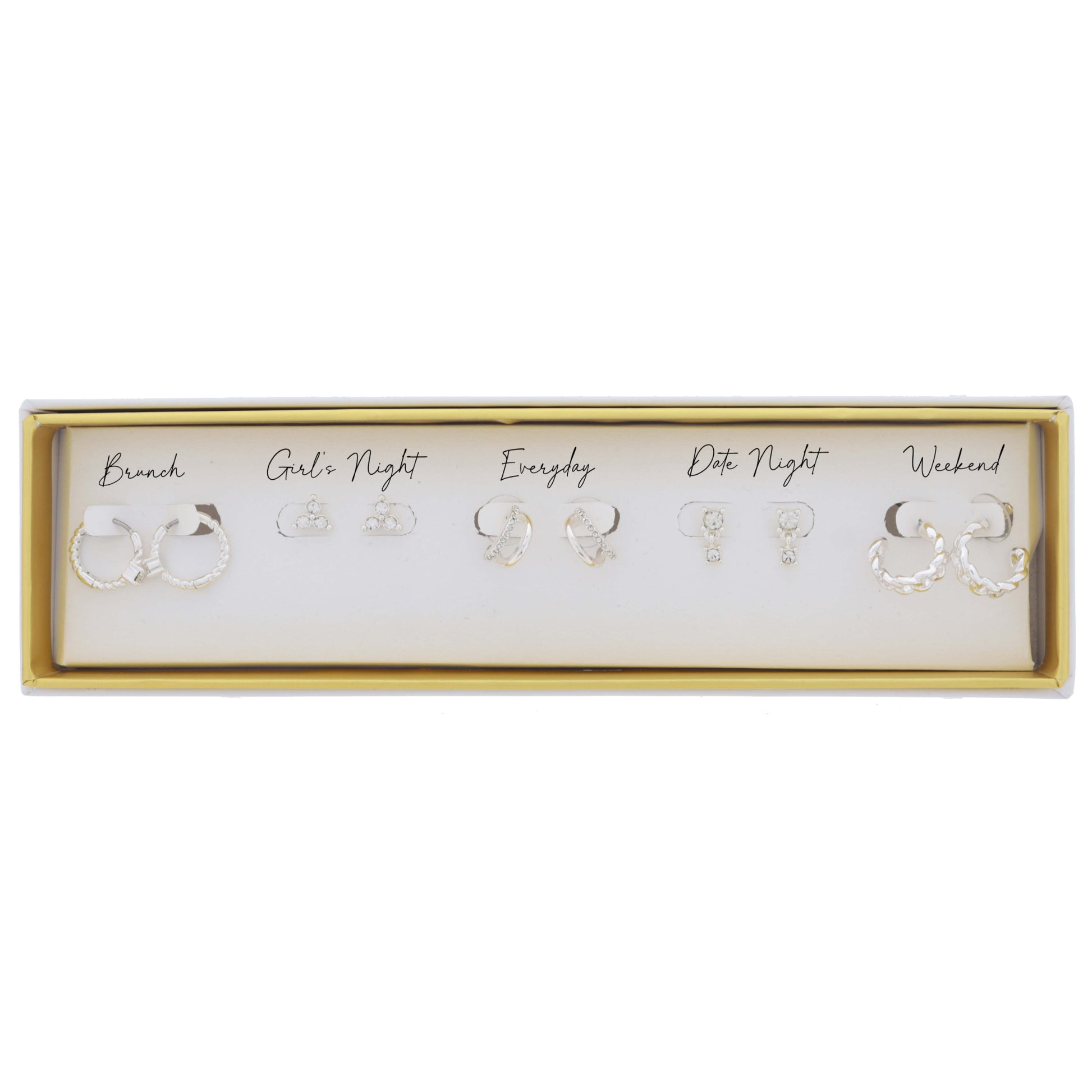 Set of 5, Twist Huggie with Crystal, Crystal, Hoop, Crystal & Crystal Dangle, Chain Hoop Earrings