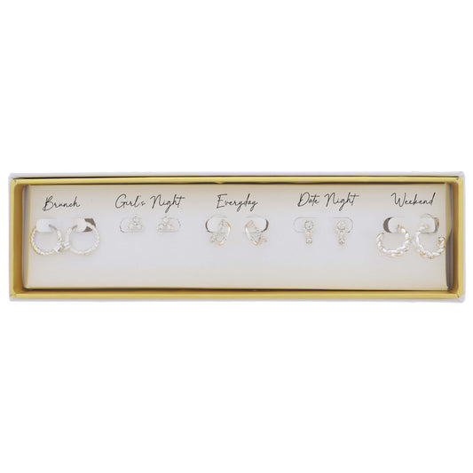 Set of 5, Twist Huggie with Crystal, Crystal, Hoop, Crystal & Crystal Dangle, Chain Hoop Earrings