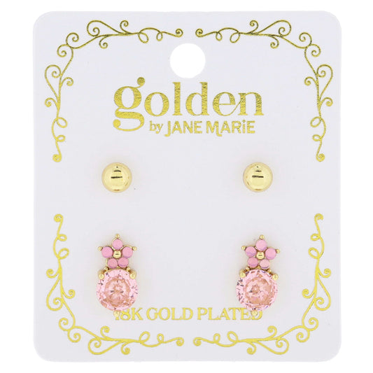 Golden Beauty! Kids 18K Gold Plated Gold Ball & Opalite Flower & Pink Crystal Stud Earrings Set