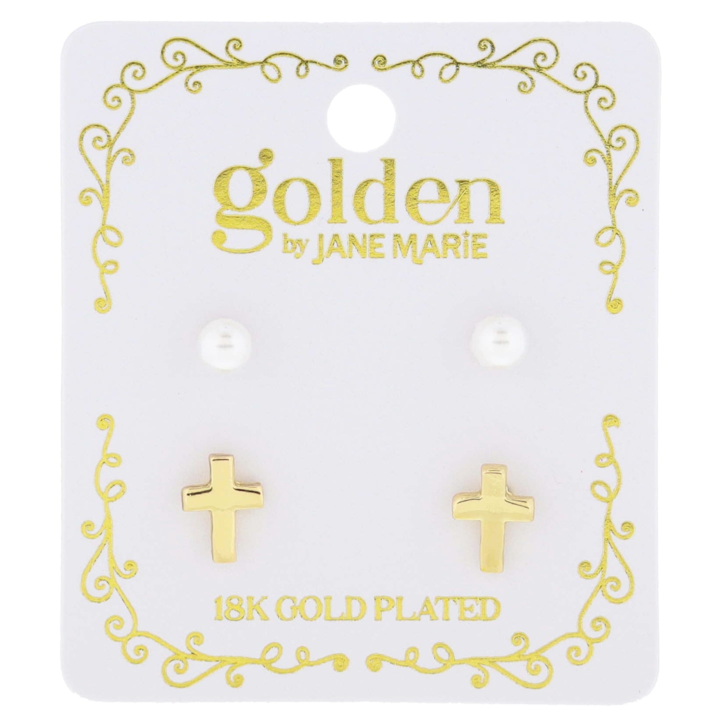 Golden Beauty! Kids 18K Gold Plated Mini Pearl & Gold Cross Stud Earrings Set