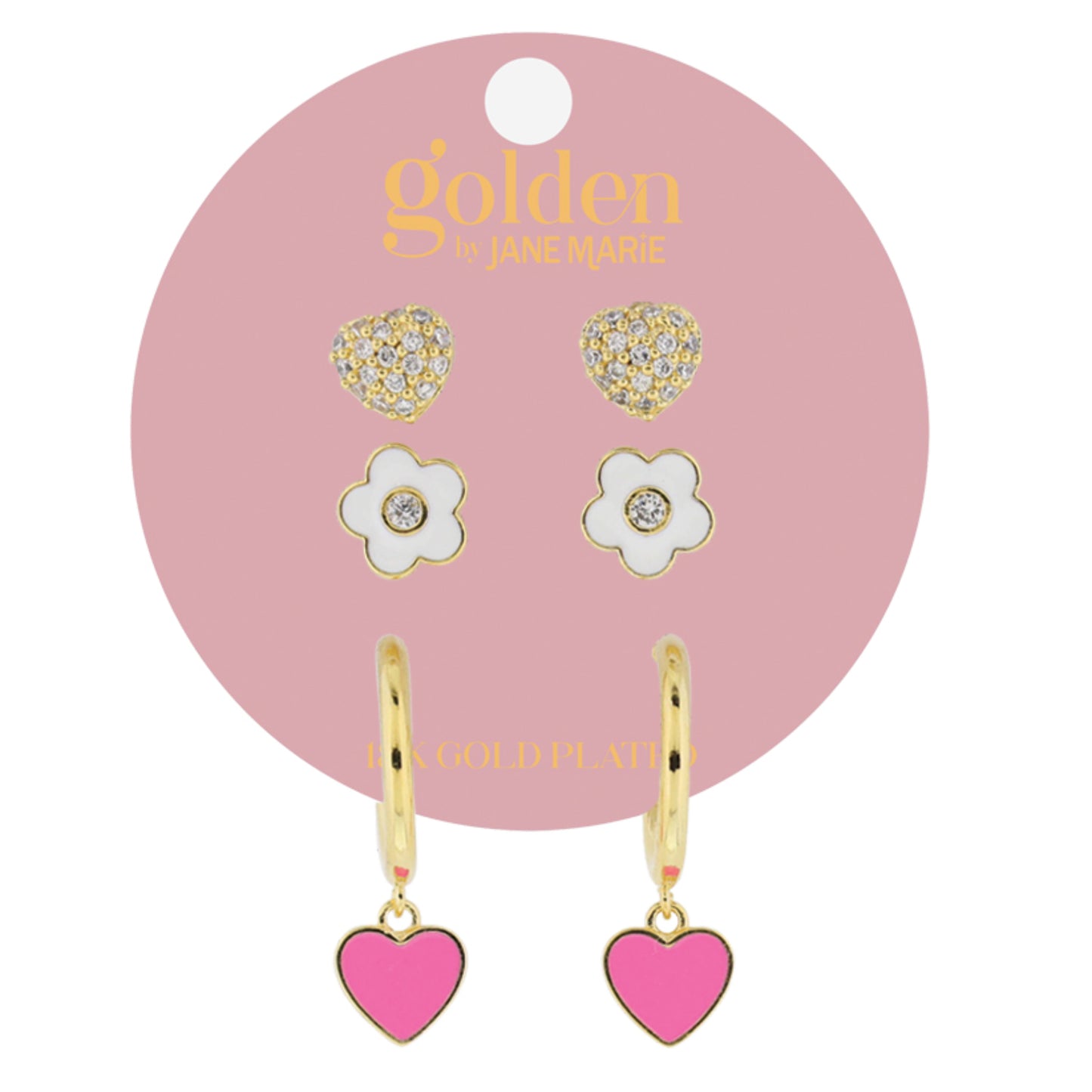 Golden Trio! 18K Gold Plated Pave Crystal Heart Stud, Flower Stud, Pink Heart Hoop Earrings Set
