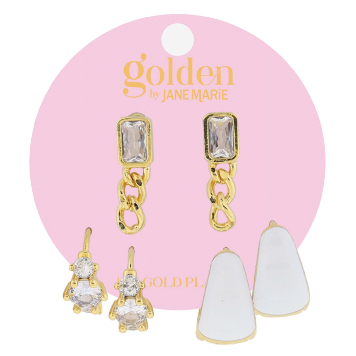 Golden Trio! 18K Gold Plated Trio Crystal Huggie, White Huggie, Crystal & Chain Earrings Set