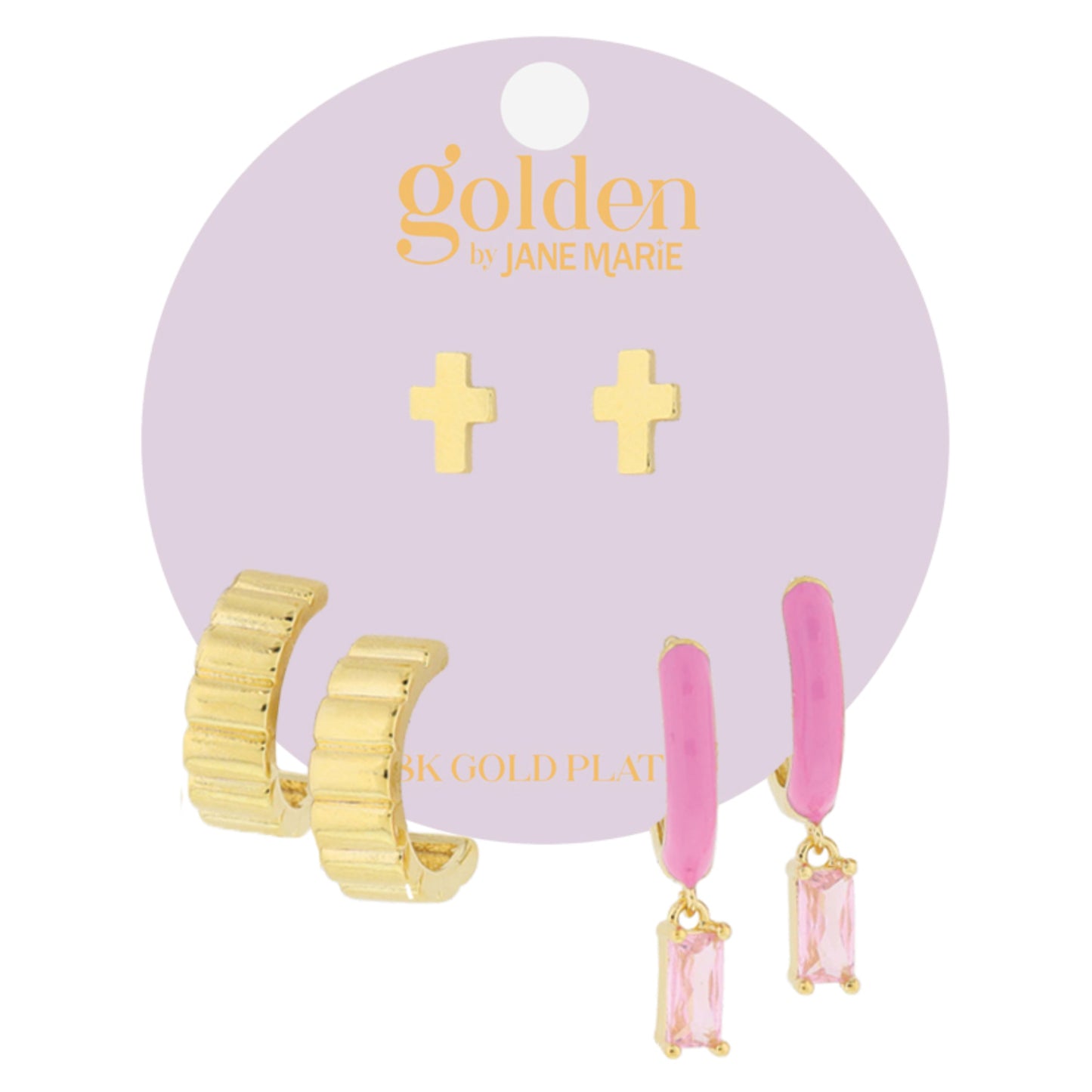 Golden Trio! 18K Gold Plated Cross Stud, Scallop Hoop, Pink Crystal Huggie Earrings Set