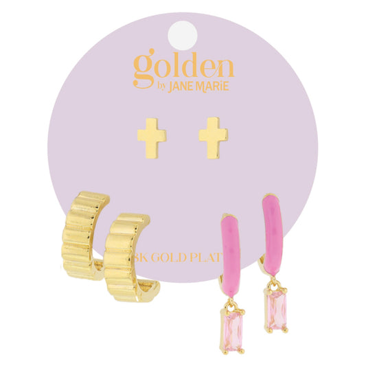 Golden Trio! 18K Gold Plated Cross Stud, Scallop Hoop, Pink Crystal Huggie Earrings Set