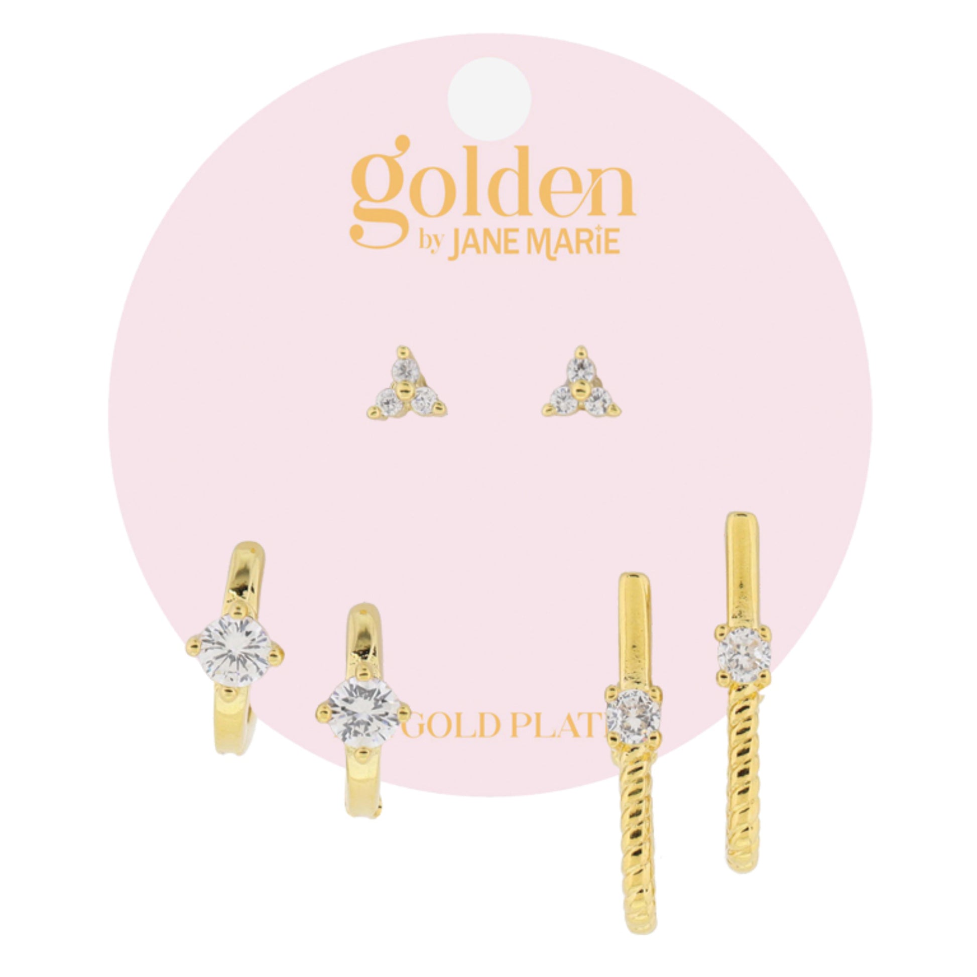 Golden Trio! 18K Gold Plated Trio Crystal Stud, Crystal Huggie, Bar & Twist Huggie Earrings Set