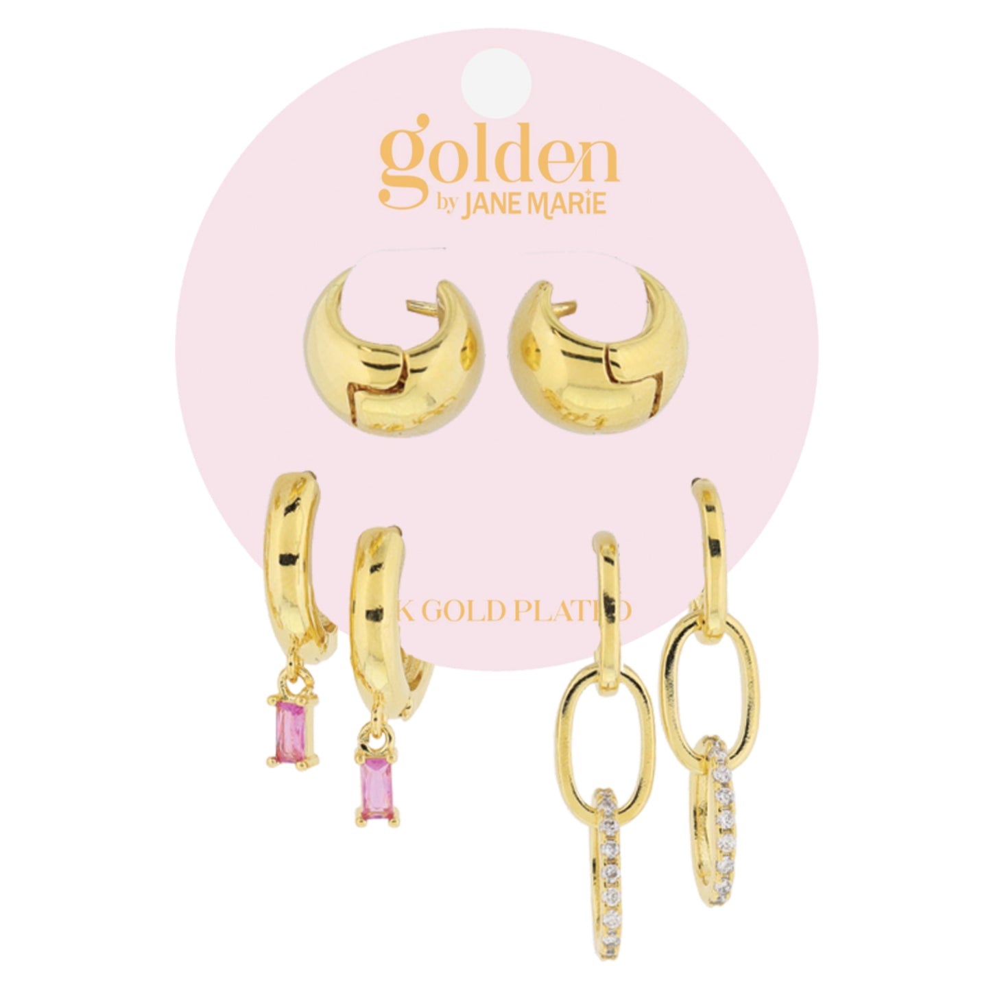 Golden Trio! 18K Gold Plated Huggie, Pink Crystal Huggie, Dangle with Crystal Link Earrings Set