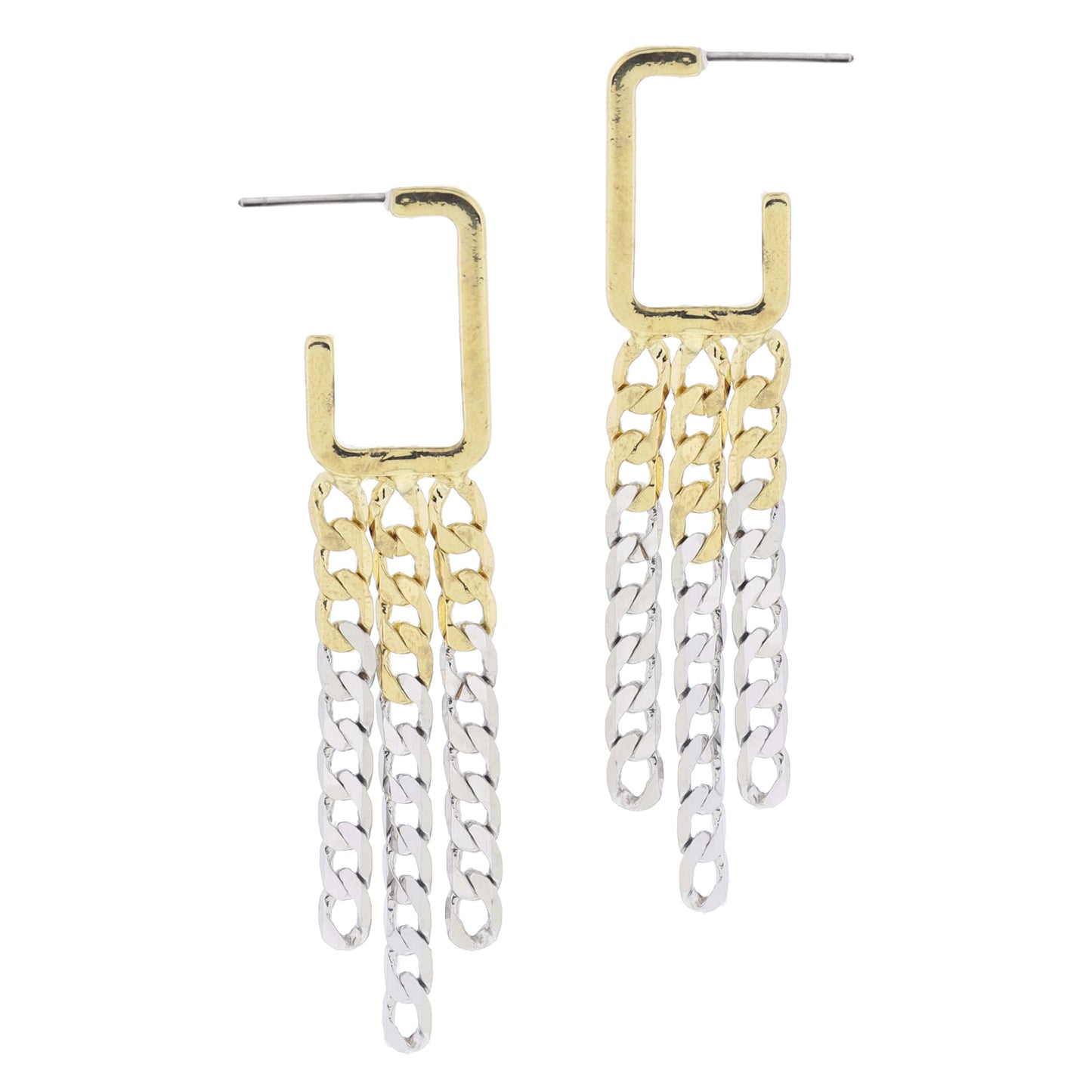 Gold Rectangle Hoop with 2-Tone Curb Chain Tassels Earrings