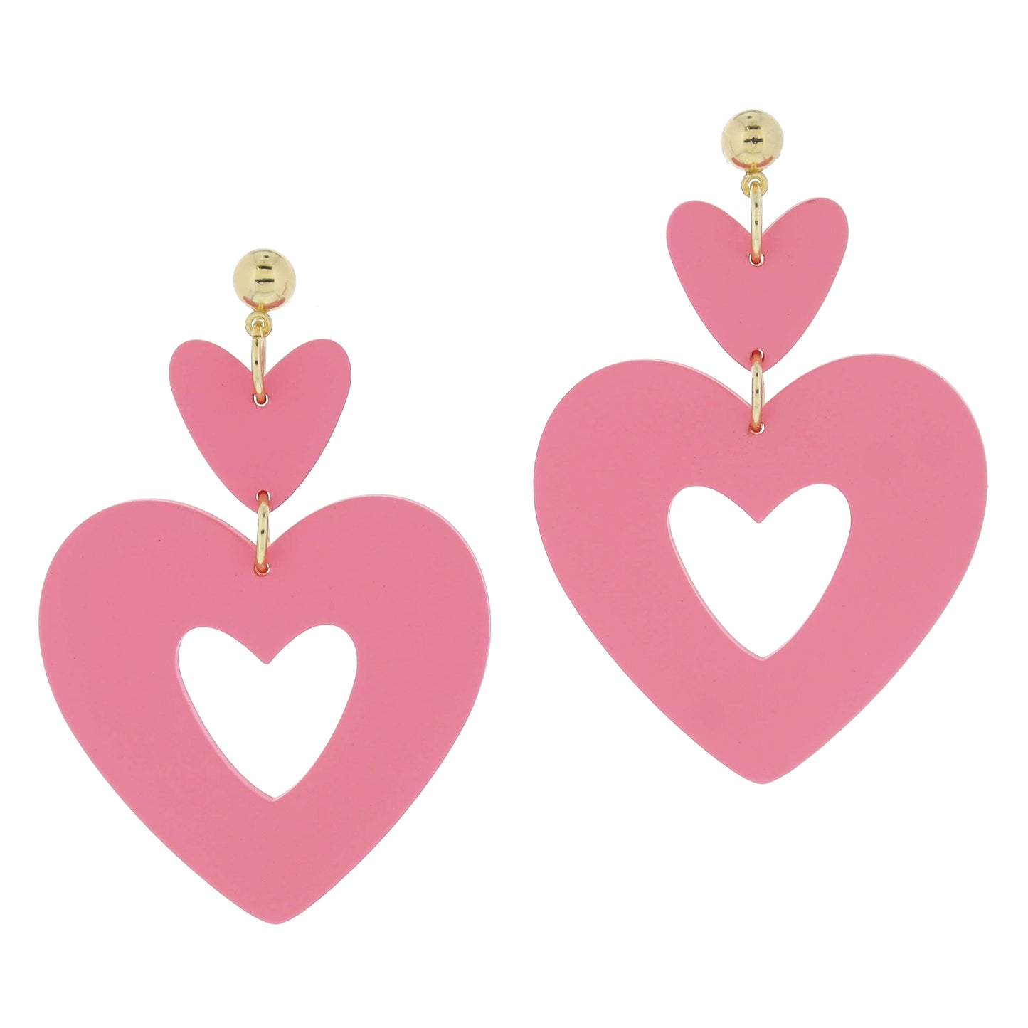 Gold Ball Post and Pink Heart and Larger Pink Open Heart Earrings