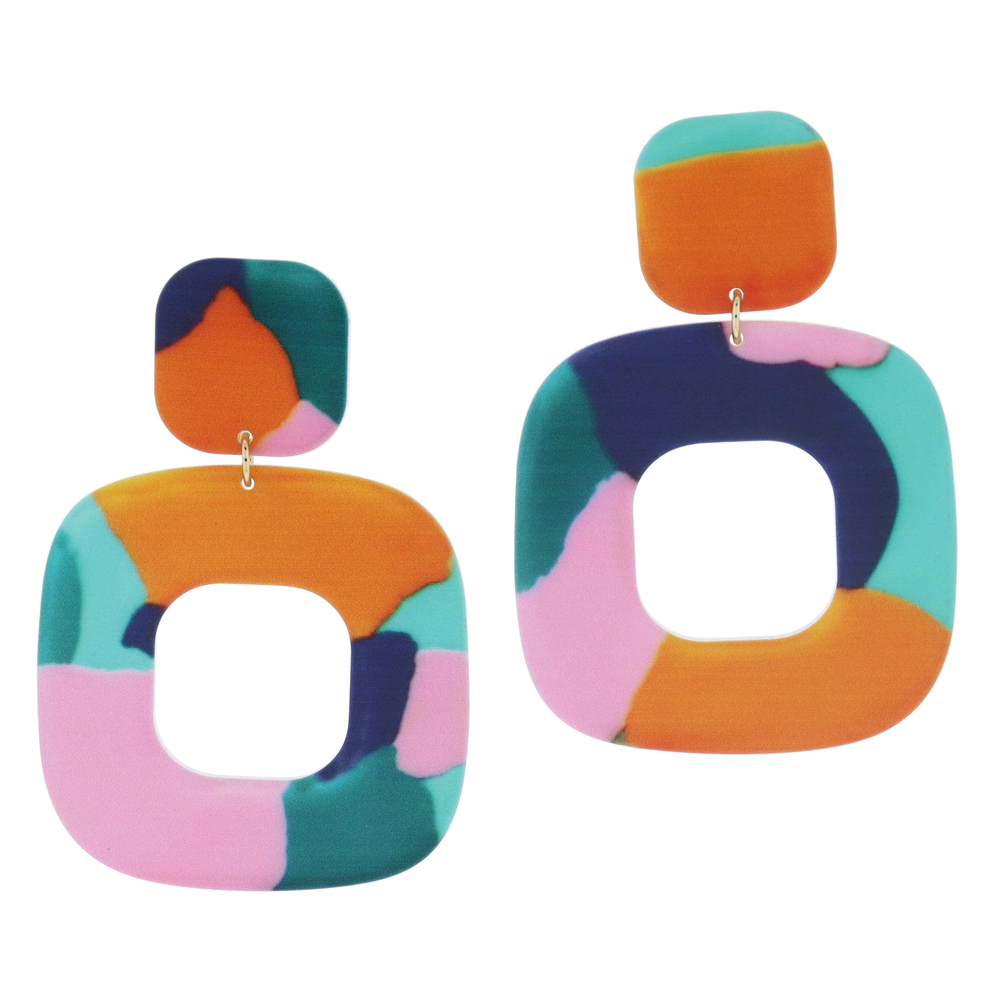 Multi Pink, Orange, Navy, Teal Abstract Patterned Rounded Square Post and Open Square Earrings