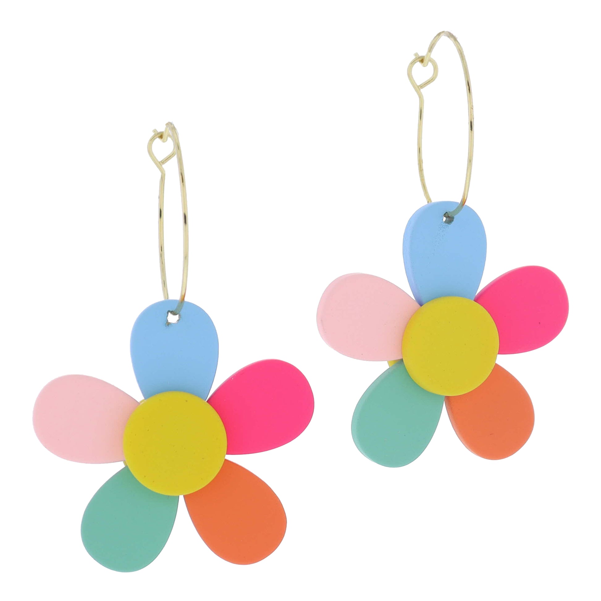 Thin Gold Hoop with Multi Polymer Flower Earrings