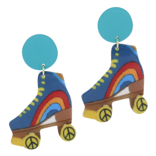 Teal Disc Post and Acrylic Multi Rainbow and Peace Sign Roller Skates Earrings
