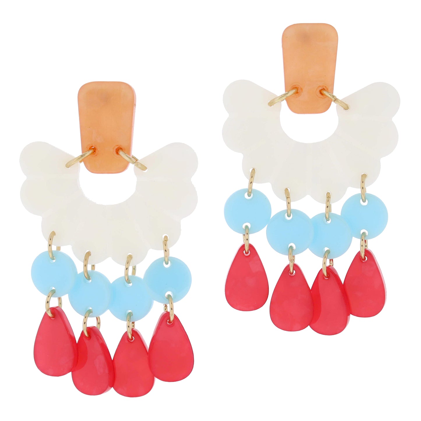 Peachy Resin Post & White Scalloped Flower Curve with Aqua & Hot Pink Teardrop Tassels Earrings