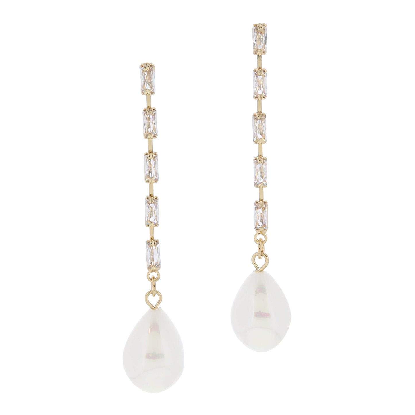Clear Baguette Crystals Dangle with Natural Pearl Drop Earrings