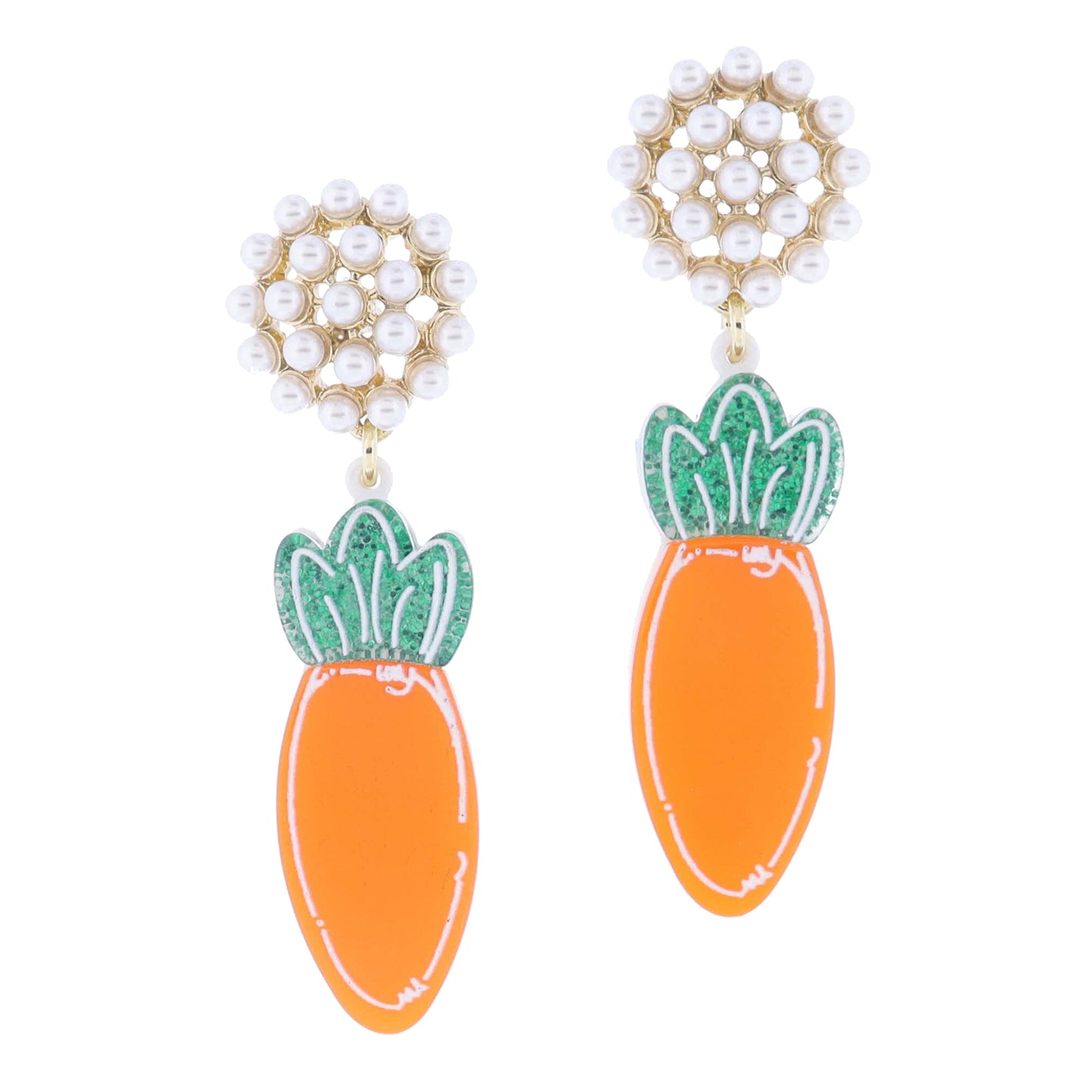 Pearl Cluster Post and Green Glitter Resin with Orange Acrylic Carrot Earrings