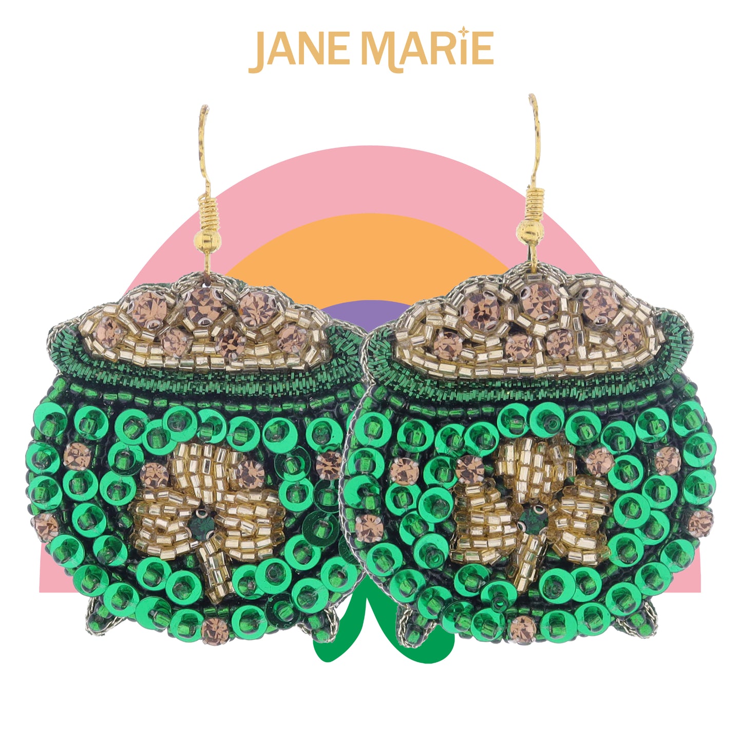 Green & Gold Sequin & Beaded Pot of Gold with Champagne Crystal Accents Earrings, 2" Top to Bottom