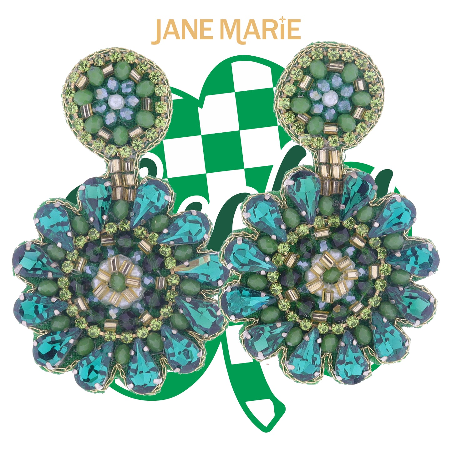 Multi Green Sequin, Crystal, Beaded Post and Flower Earrings, 2.5" Top to Bottom