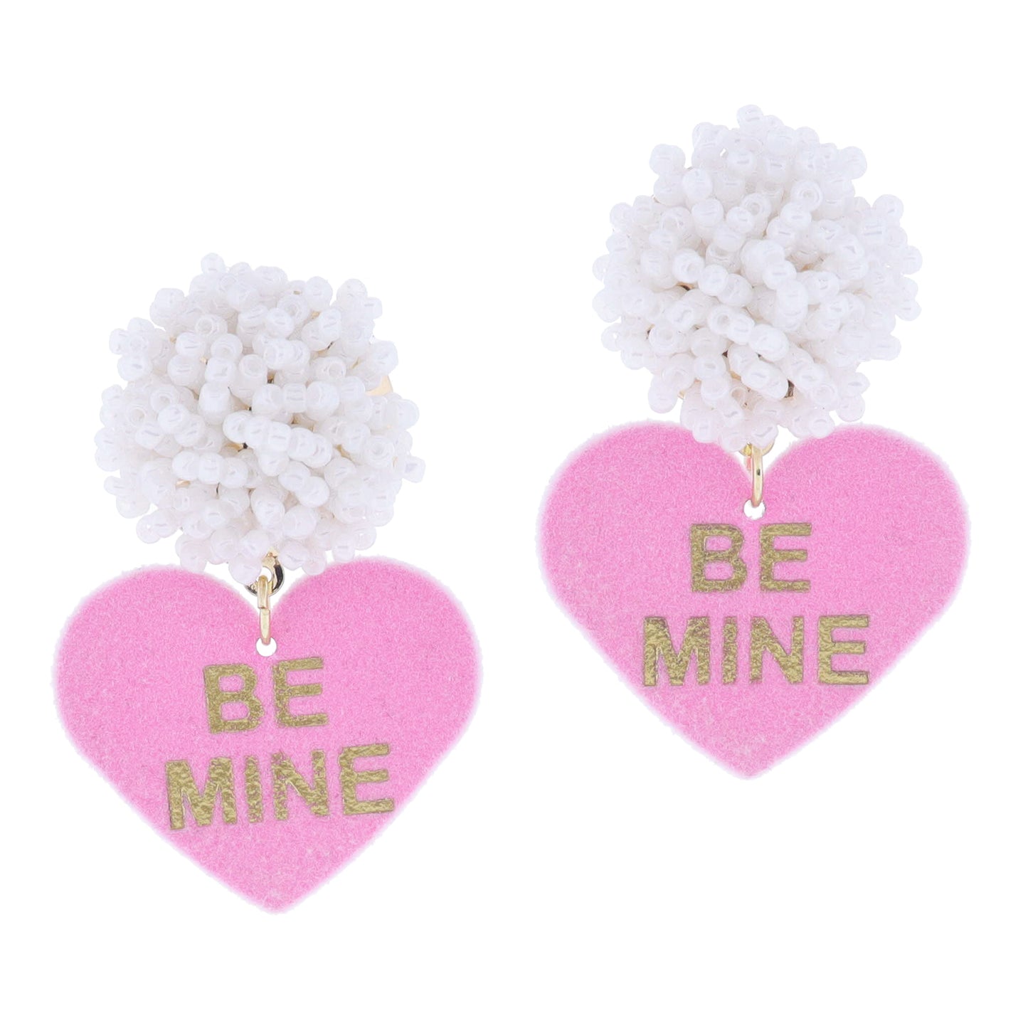 Pearlescent White Beaded Cluster Post with Pink Velvet and Gold "BE MINE" Heart Earrings