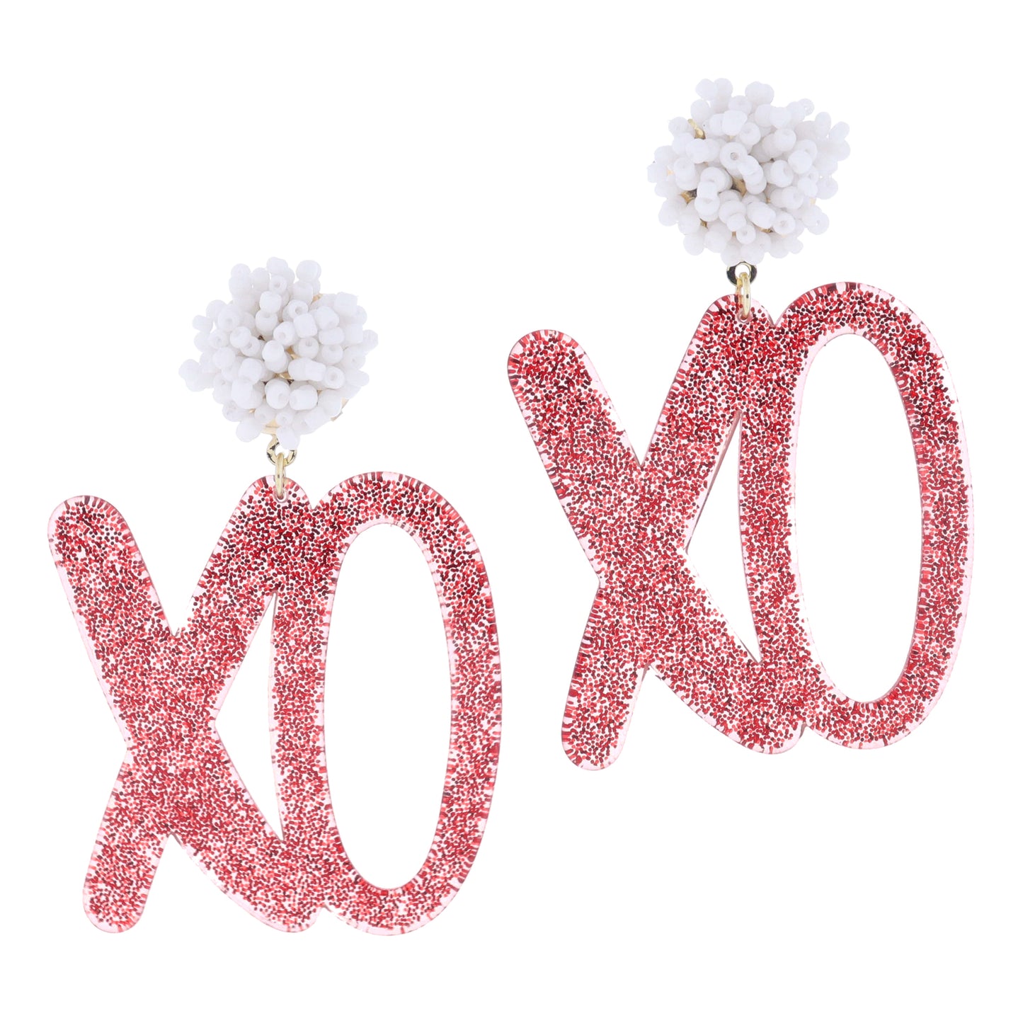 White Beaded Cluster Post andRed Glitter Resin "XO" Earrings