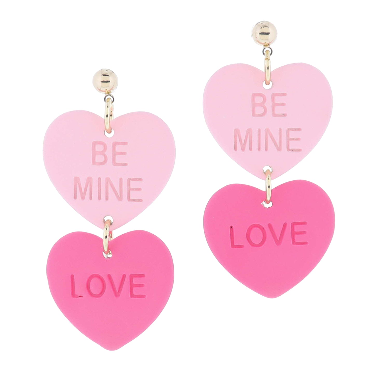 Gold Ball Post with Light Pink "BE MINE" Heart and Hot Pink "LOVE" Heart Earrings
