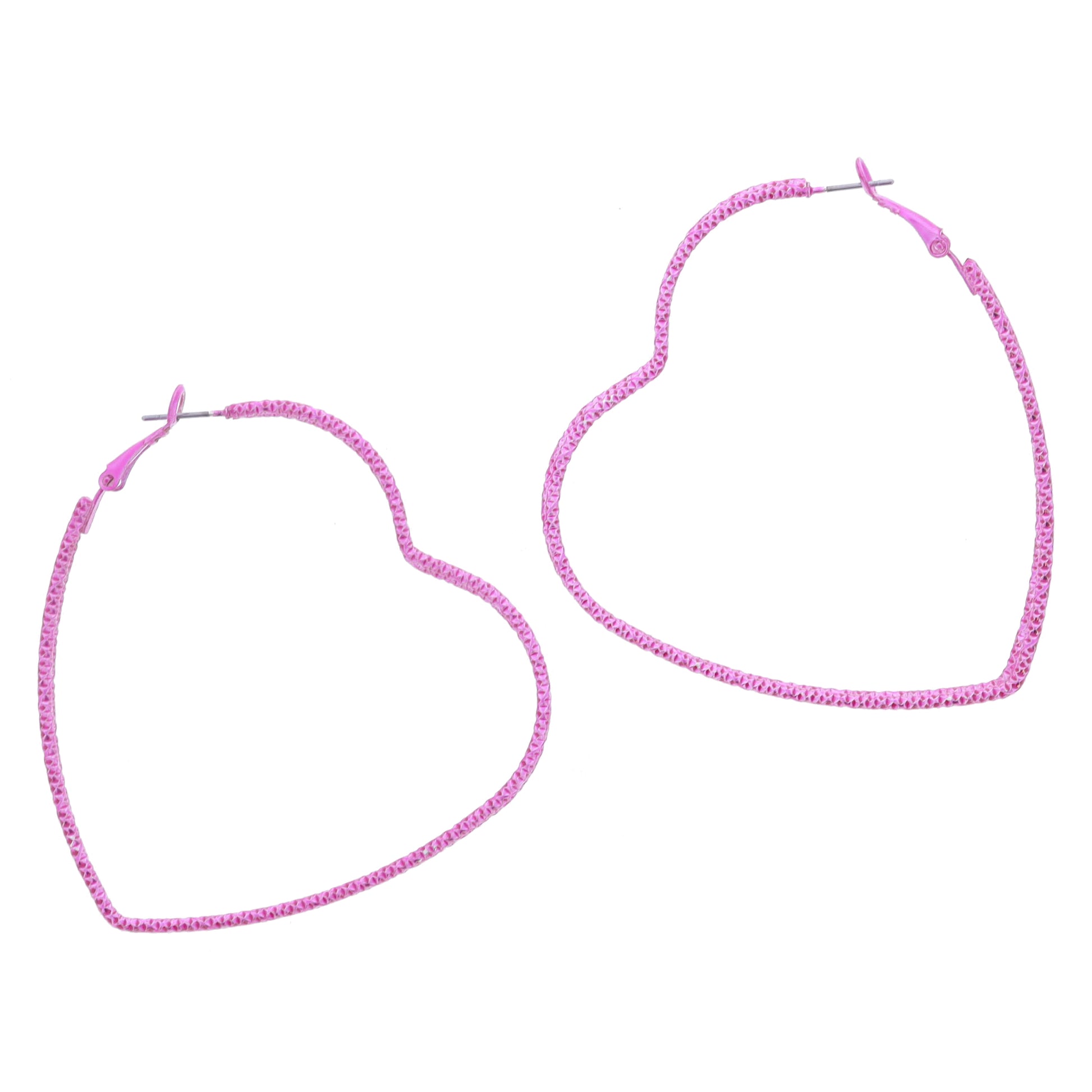Thin Textured Metallic Fuchsia Open Heart Hoop Earrings