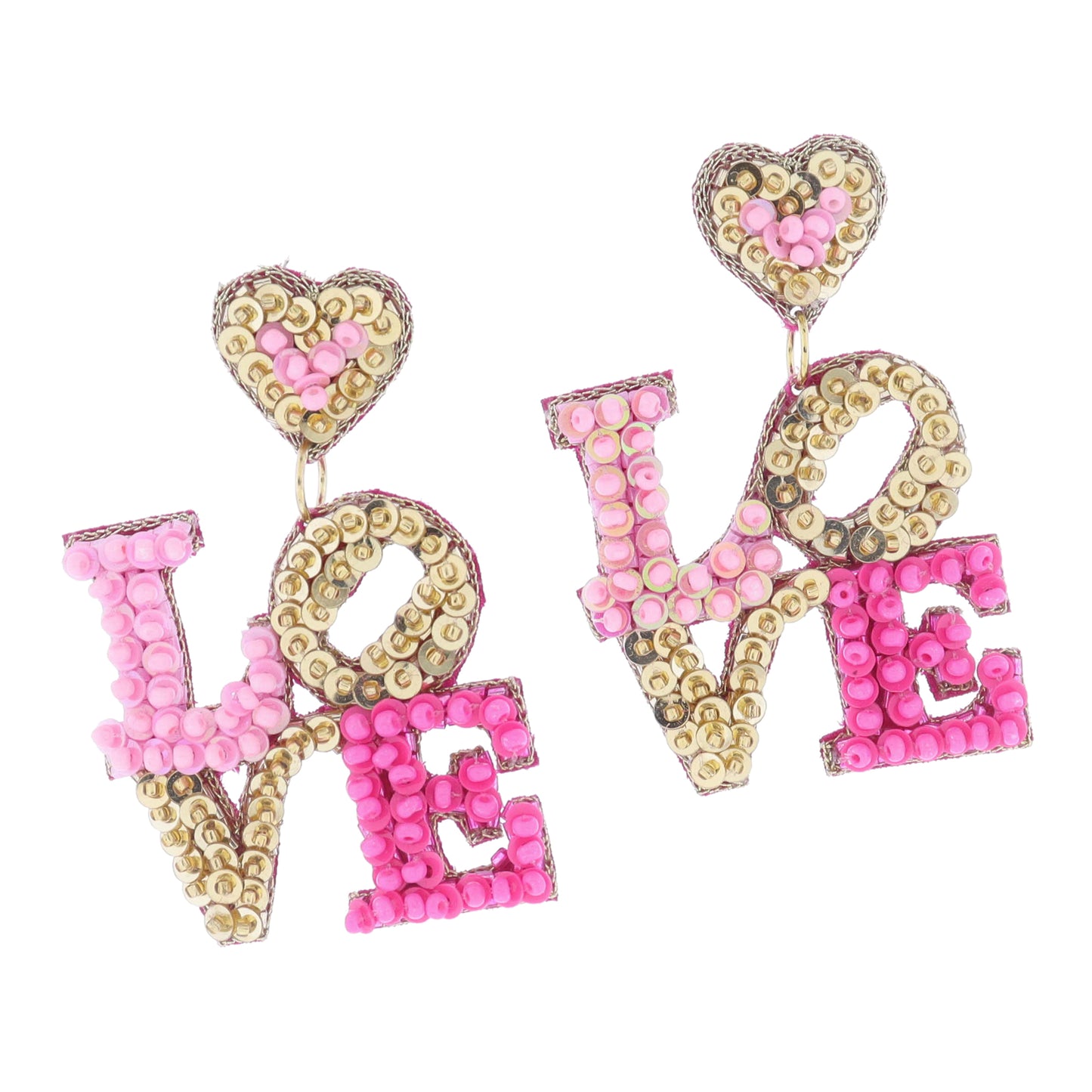 Gold, Light Pink, Hot Pink Beaded and Sequin Heart Post and "LOVE" Earrings, 2.25" Top to Bottom