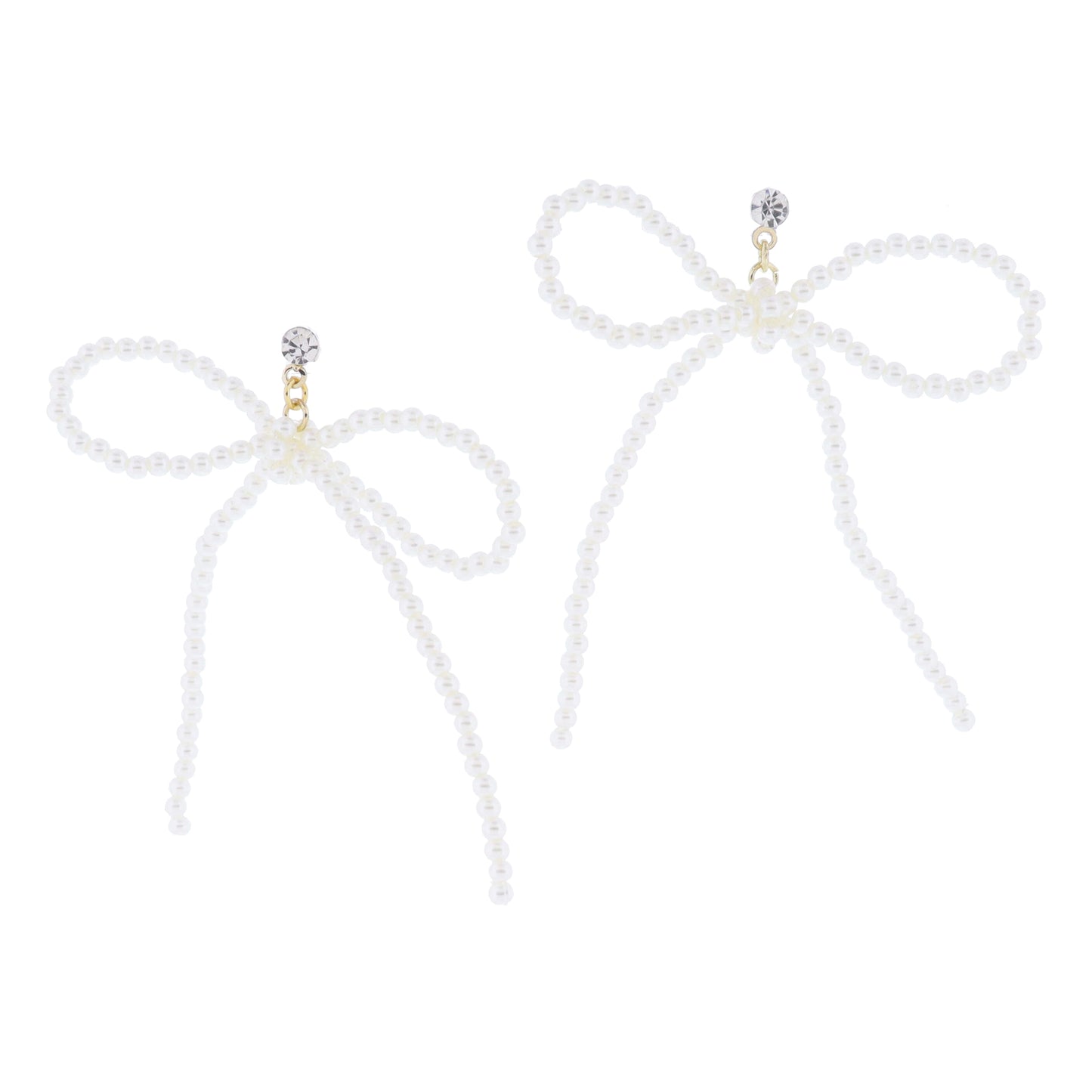 Mini Clear Crystal Post and Thin Pearl Beaded Bow Earrings