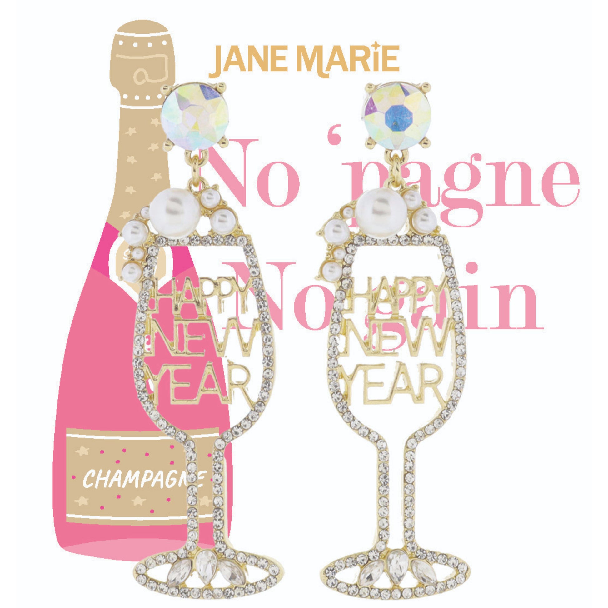 AB Crystal Post with Pave Crystal "HAPPY NEW YEAR" Champagne Glass with Pearl Bubbles Earrings