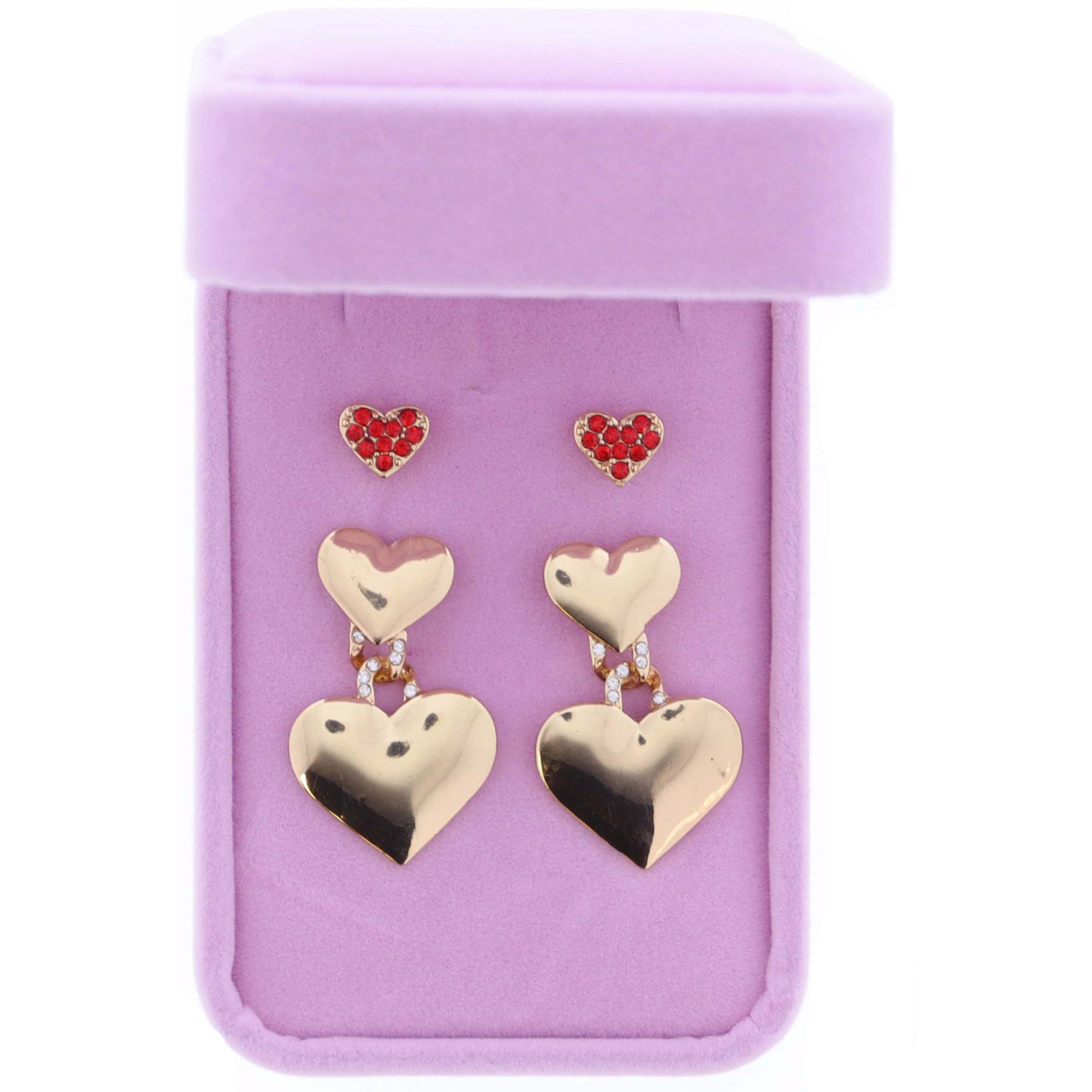 Set of 2, Red Pave Crystal Heart Stud, Gold Hearts with Crystal Chain Link Detail Earrings