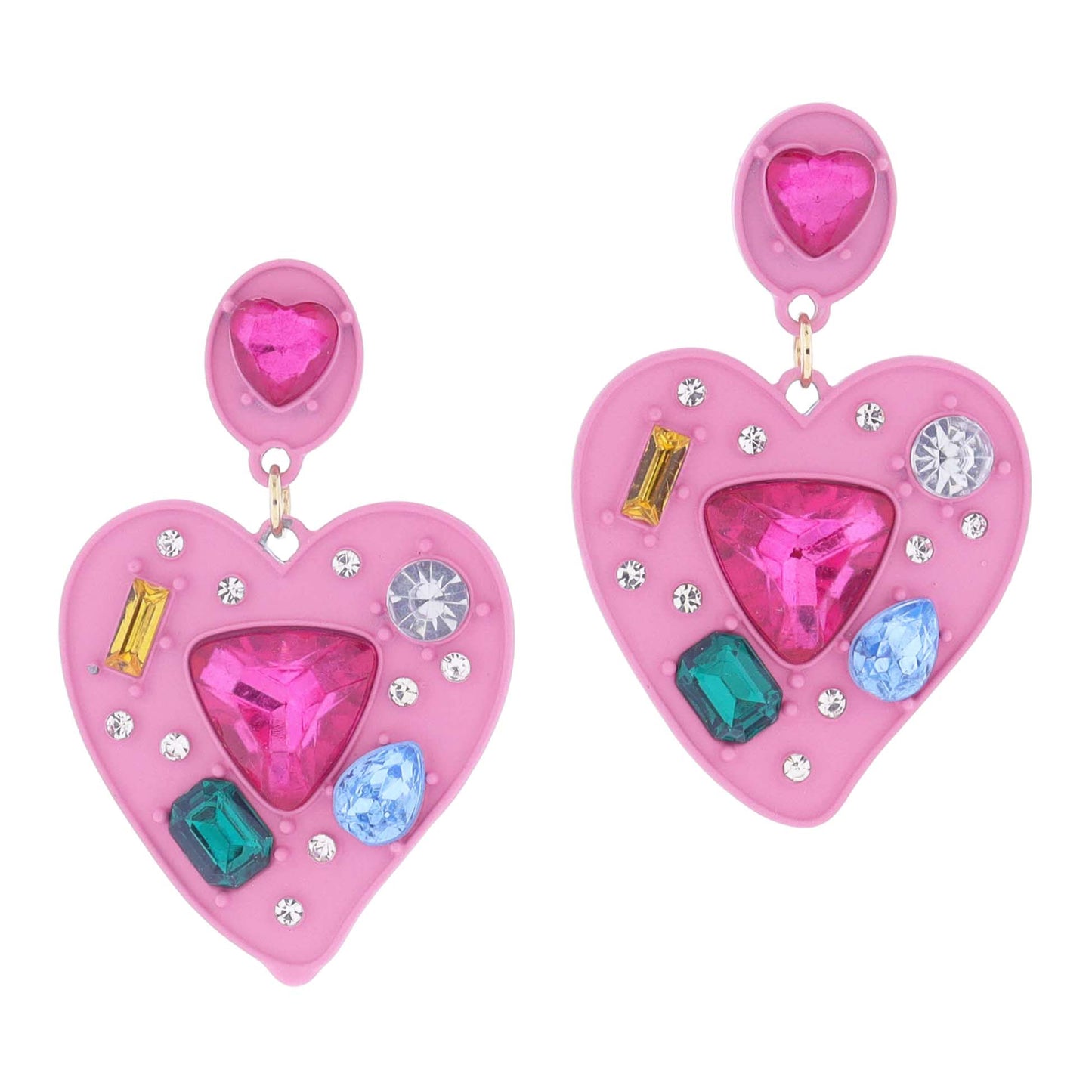 Pink Dipped Post and Heart with Multi Crystal Embellishments Earrings