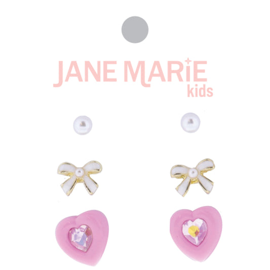 Kids Set of 3, Pearl, White Enamel Bow, Pink Heart with AB Center Earrings