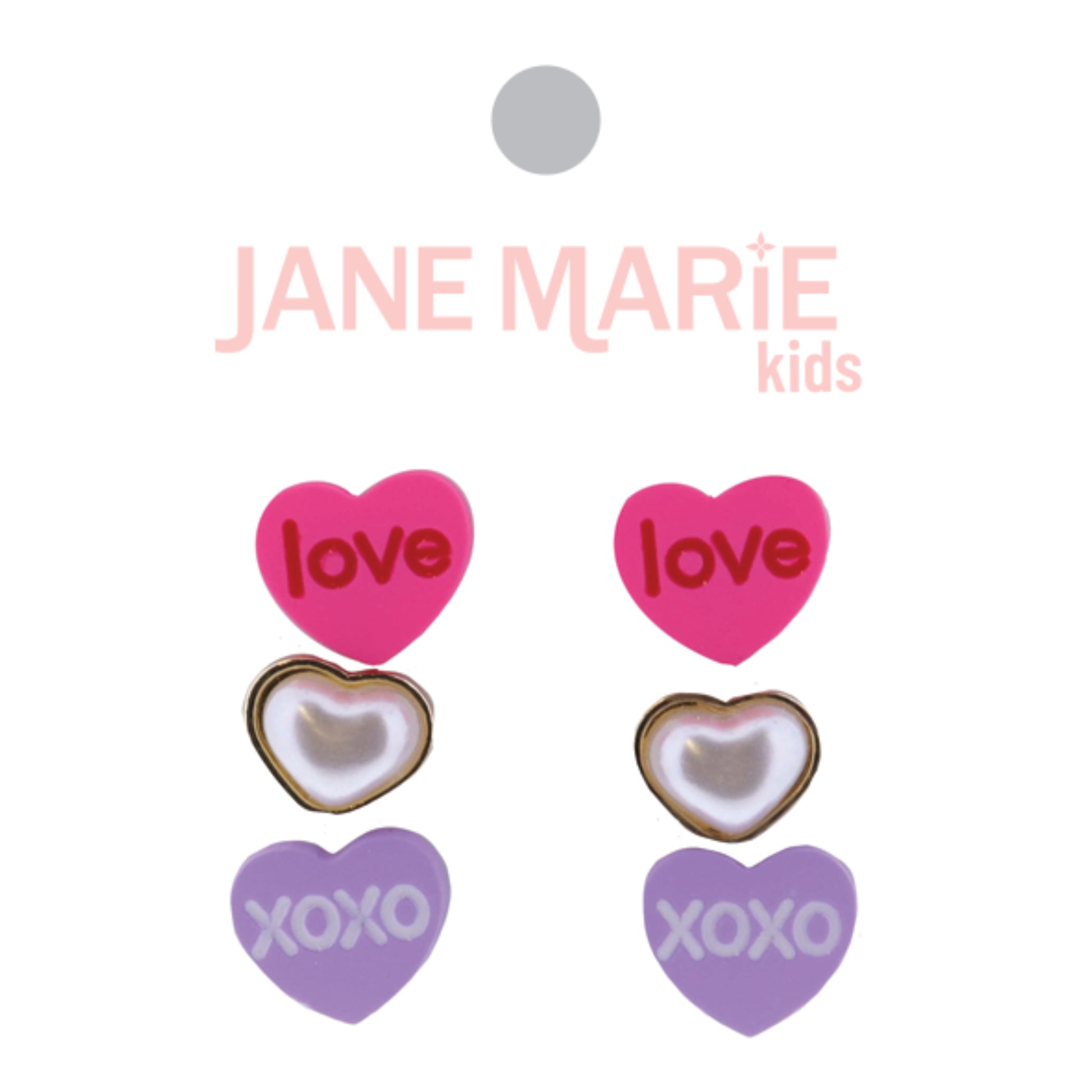 Kids Set of 3, Hot Pink Heart with "LOVE", Pearl Heart, Lavender Heart with "XOXO" Earrings