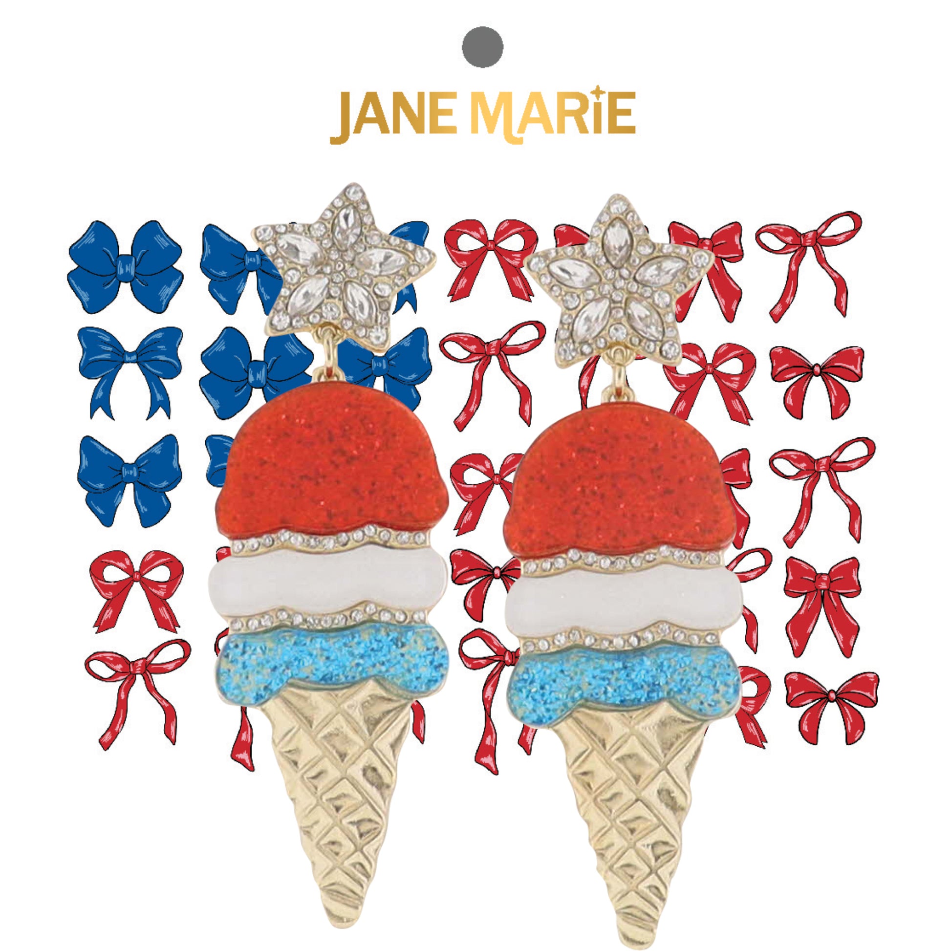 Red, White Blue Ice Cream Cone Acrylic with Crystal Star Post Earring
